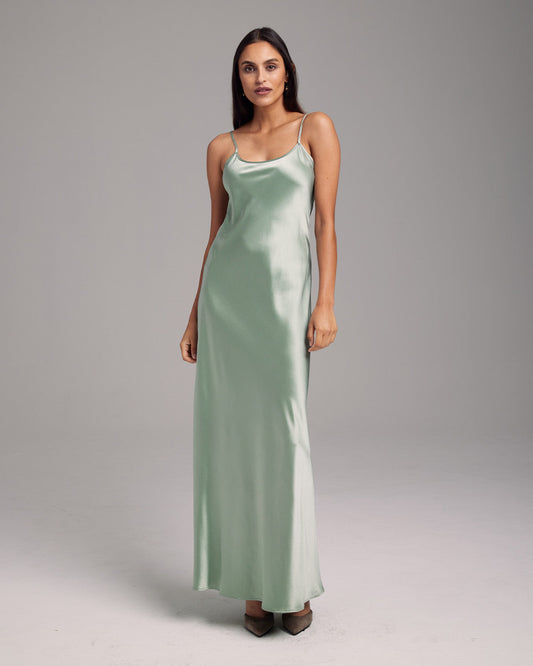 Liquid silk slipdress in bias cut charmeuse, ethically made luxury dress by VOZ in multiple colors - sage  - elizabeth + Bern