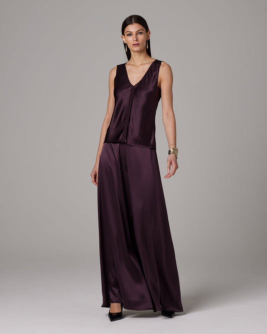 Silk raw edge tank in navy charmeuse with distinctive raw seam details, ethically made in NYC by VOZ