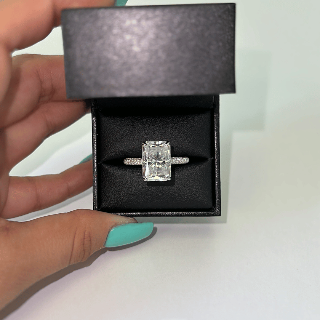 5.0ct Radiant Cut Moissanite Diamond Three Row Pavè Engagement Ring - elizabeth + Bern