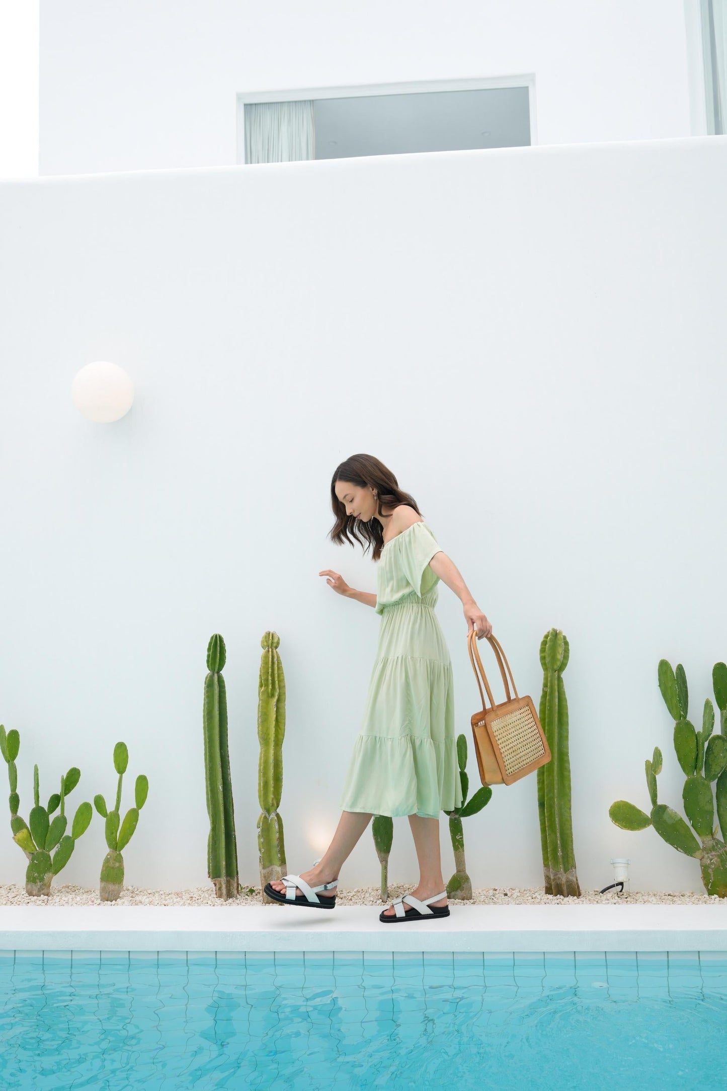 Regina Off-the-shoulder Midi Dress in Pistachio - elizabeth + Bern