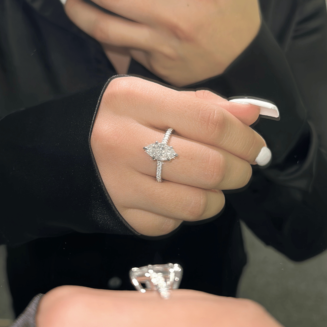 Elegant 3.0ct marquise cut moissanite engagement ring with lab diamond side stones in 14K gold setting
3.0ct Moissanite Diamond Engagement Ring - elizabeth + Bern