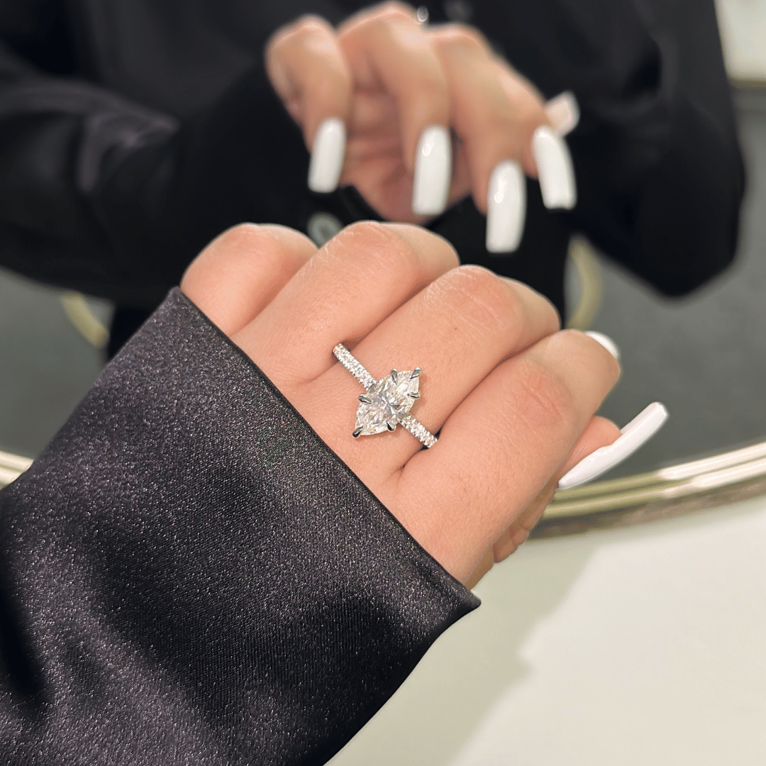 Elegant 3.0ct marquise cut moissanite engagement ring with lab diamond side stones in 14K gold setting - elizabeth + Bern