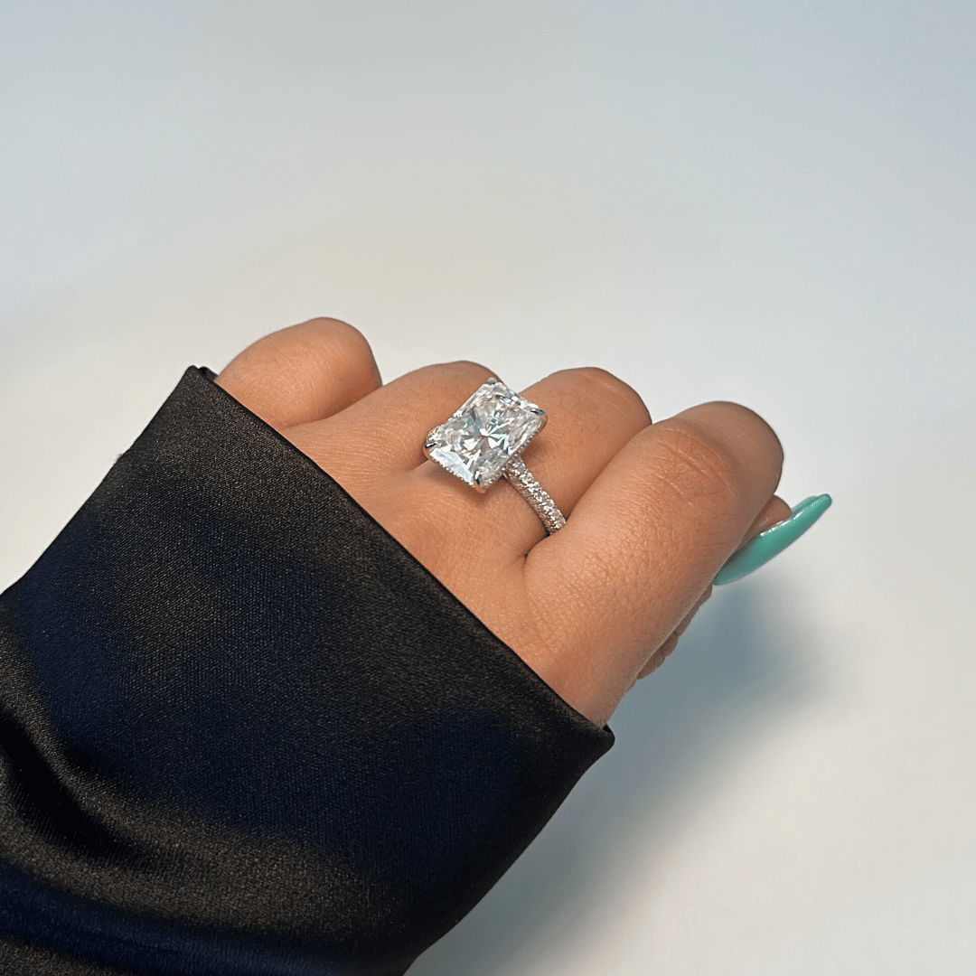 5.0ct Radiant Cut Moissanite Diamond Three Row Pavè Engagement Ring - elizabeth + Bern