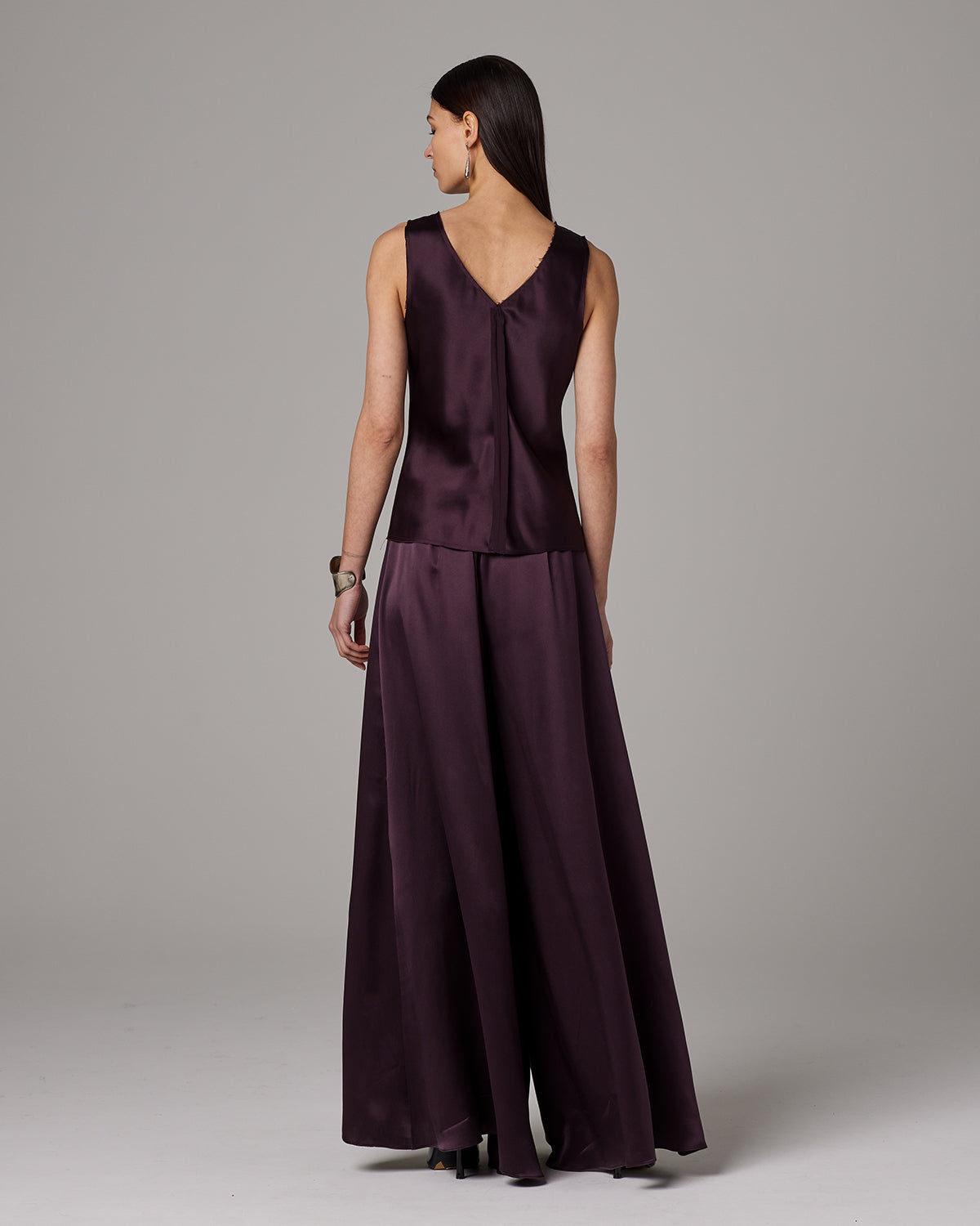 Silk raw edge tank in navy charmeuse with distinctive raw seam details, ethically made in NYC by VOZ purple tank top