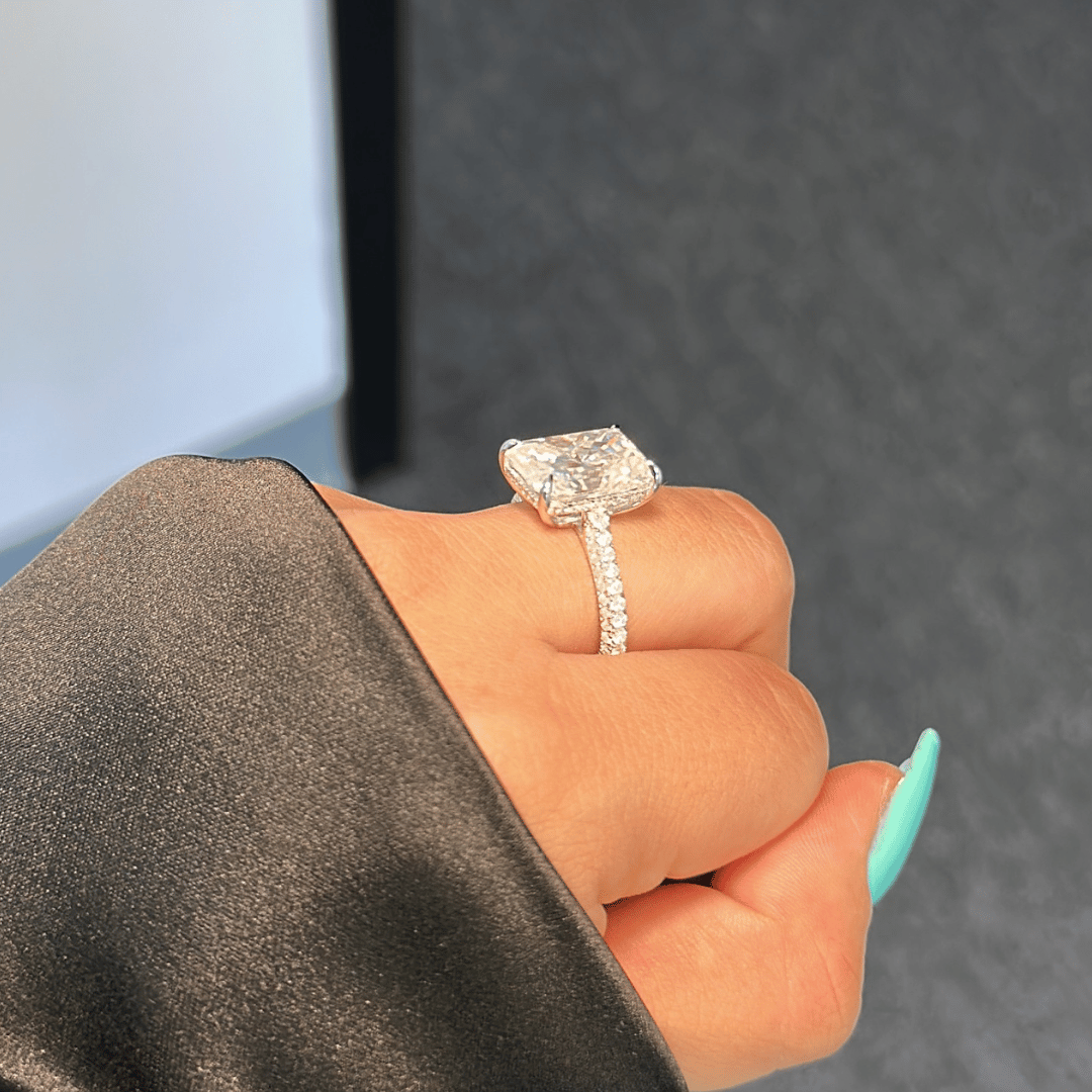 5.0ct Radiant Cut Moissanite Diamond Three Row Pavè Engagement Ring - elizabeth + Bern