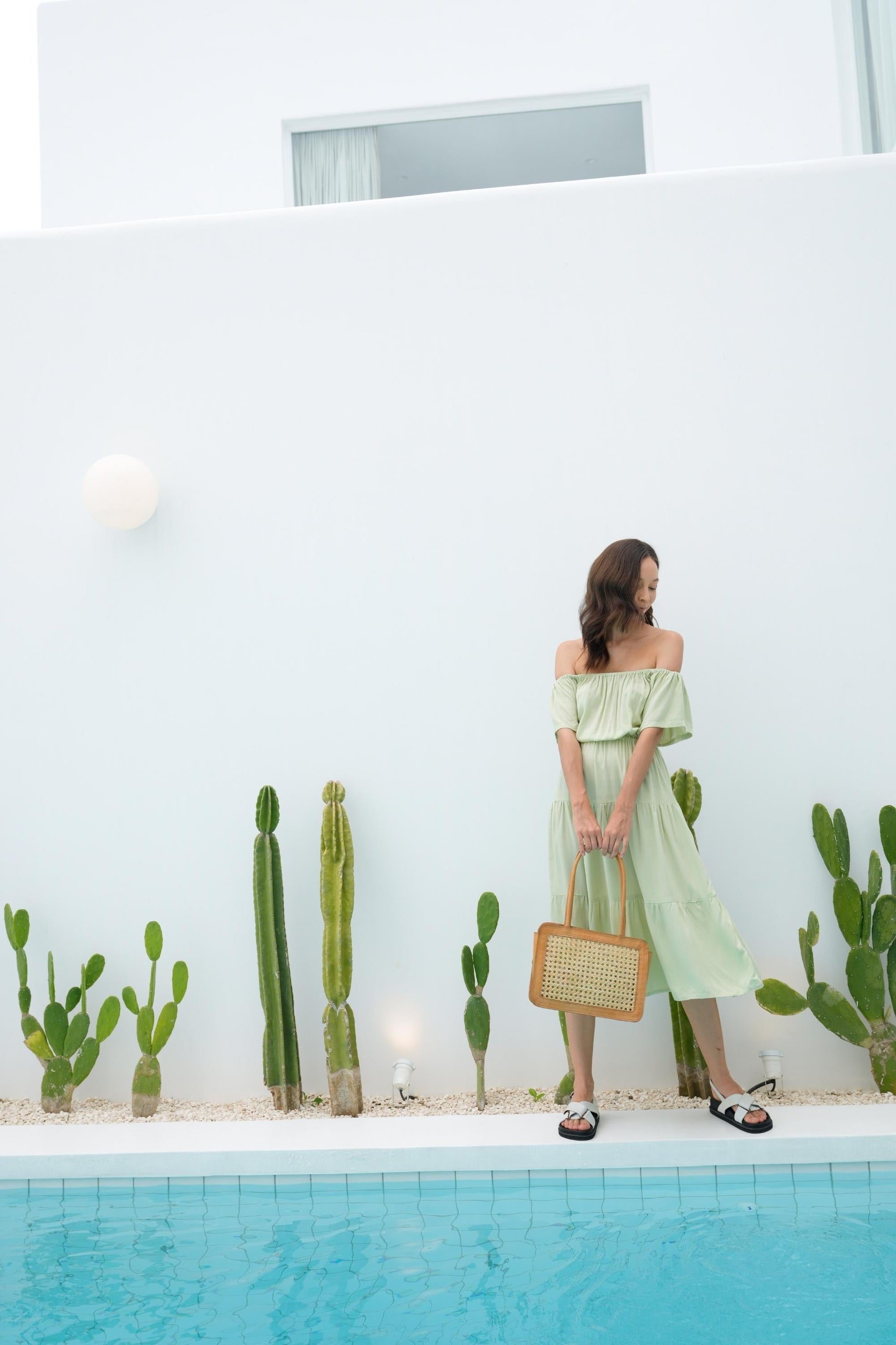 Regina Off-the-shoulder Midi Dress in Pistachio - elizabeth + Bern