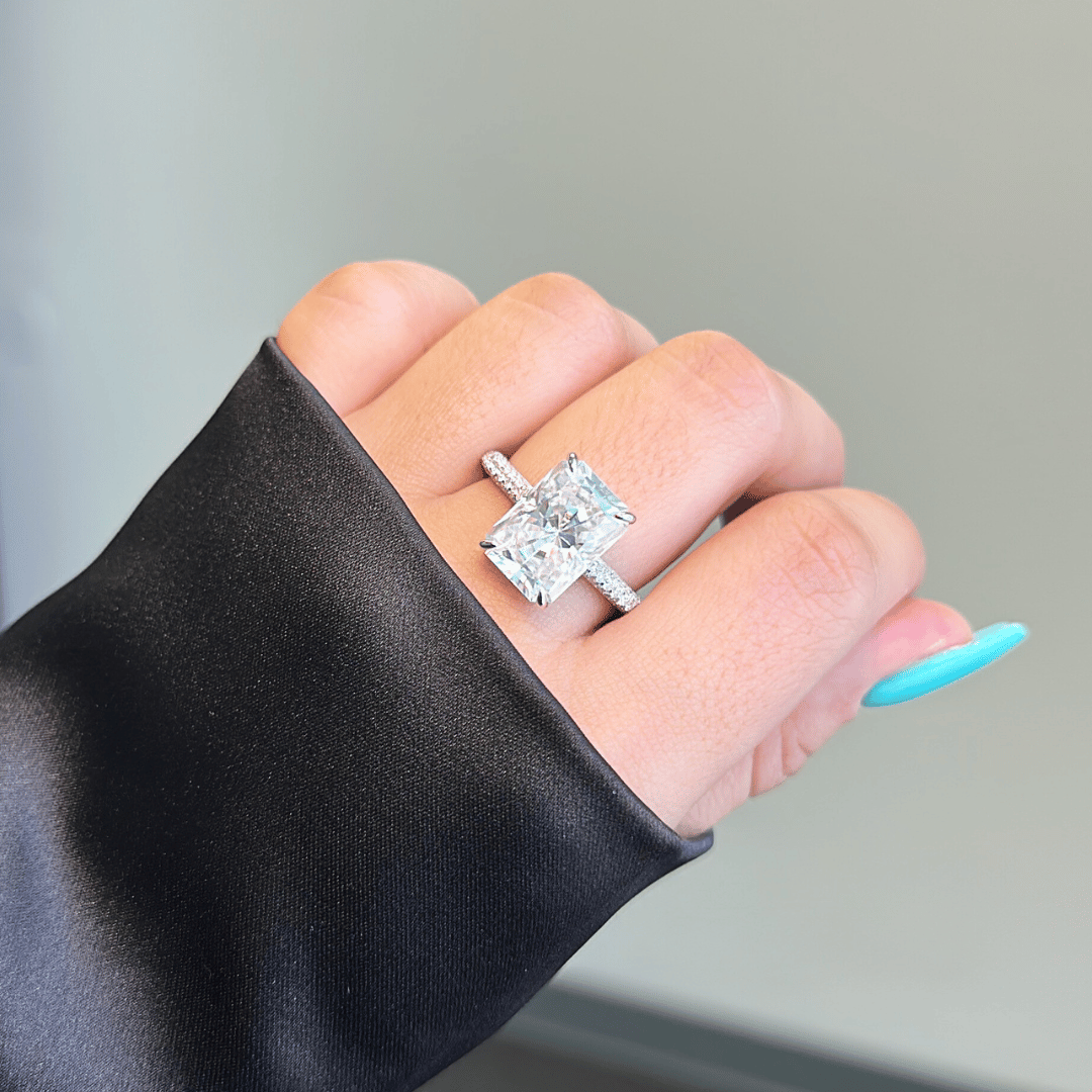 5.0ct Radiant Cut Moissanite Diamond Three Row Pavè Engagement Ring - elizabeth + Bern