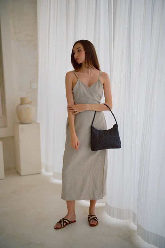Anita Linen Wrap Front Midi Dress in Natural - elizabeth + Bern