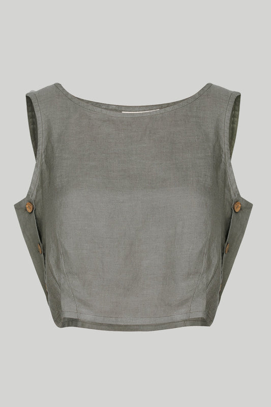 Gray sleeveless top with button details on a light gray background