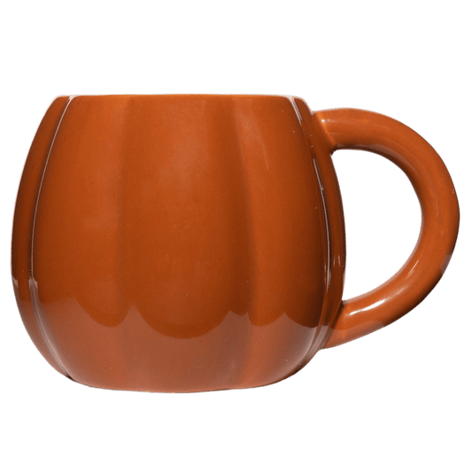Organge  Pumpkin shaped ceramic mug with a handle on a transparent background