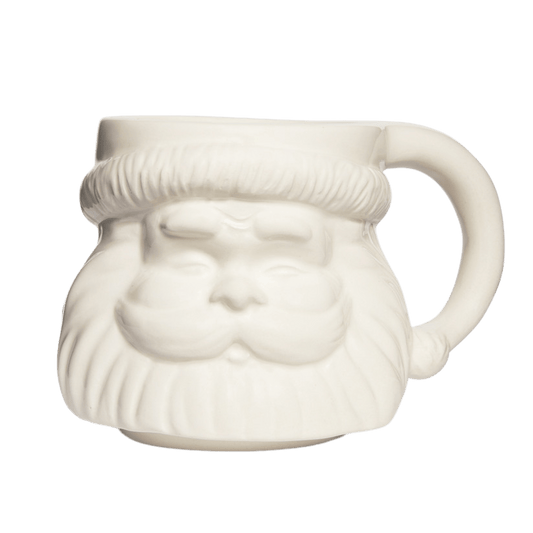White ceramic mug shaped like a face with a beard on a transparent background