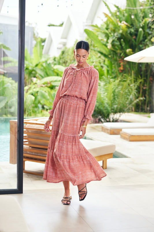 Esme Dress in Saffron Dot Esme dress in saffron dot sustainable cotton featuring romantic tiered skirt, adjustable neckline and semi-sheer sleeves - elizabeth + Bern