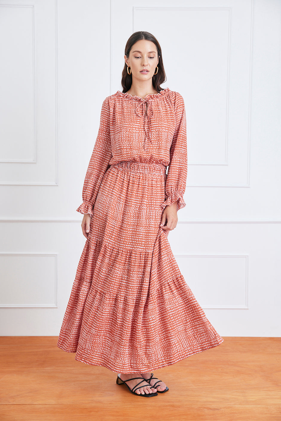 Esme dress in saffron dot sustainable cotton featuring romantic tiered skirt, adjustable neckline and semi-sheer sleeves - elizabeth + Bern