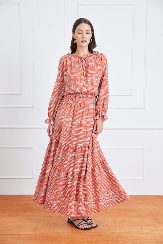 Esme dress in saffron dot sustainable cotton featuring romantic tiered skirt, adjustable neckline and semi-sheer sleeves - elizabeth + Bern