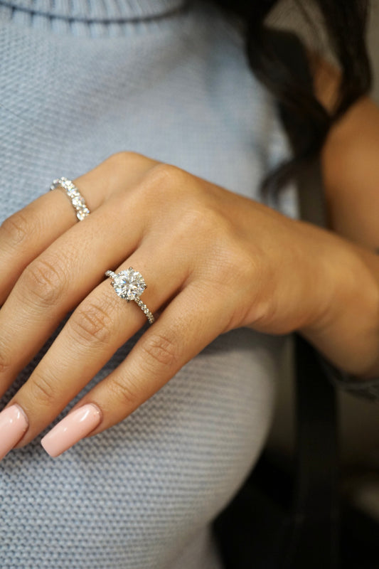 Elegant 3.0ct round brilliant moissanite engagement ring with accent stones in 14K gold prong setting- elizabeth + Bern