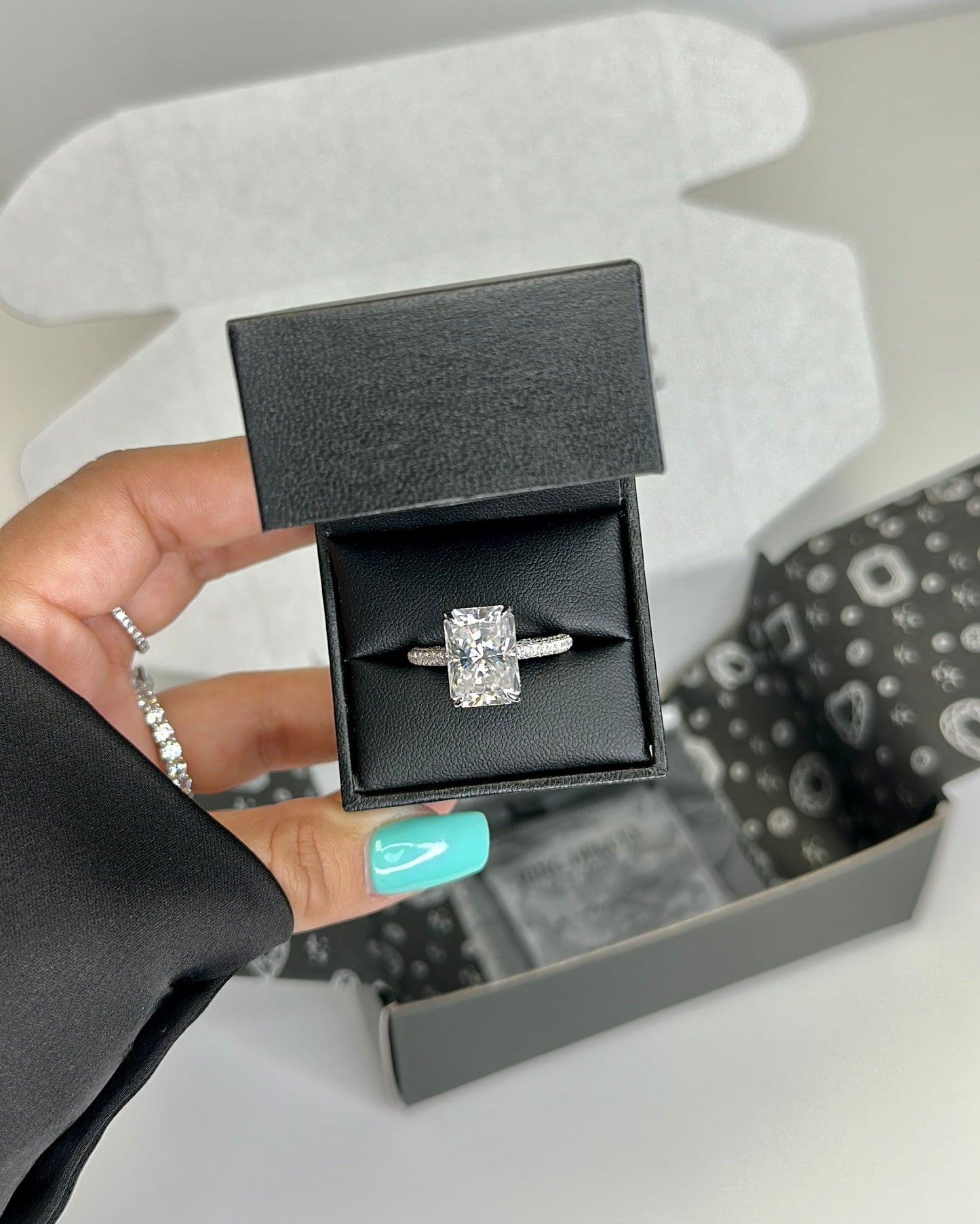 5.0ct Radiant Cut Moissanite Diamond Three Row Pavè Engagement Ring - elizabeth + Bern