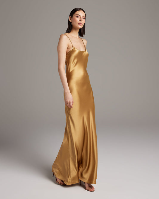 Champagne Dress Side View - Liquid silk slipdress in bias cut charmeuse, ethically made luxury dress by VOZ in multiple colors- Liquid Silk Slipdress - Core - elizabeth + Bern
