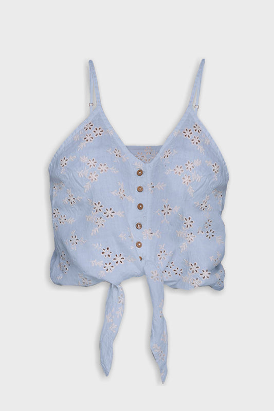 Light blue floral top with thin straps on a white background Pool Day Tan Lines camisole top in summer blue hemp with eyelet embroidery, tie-up front and adjustable straps