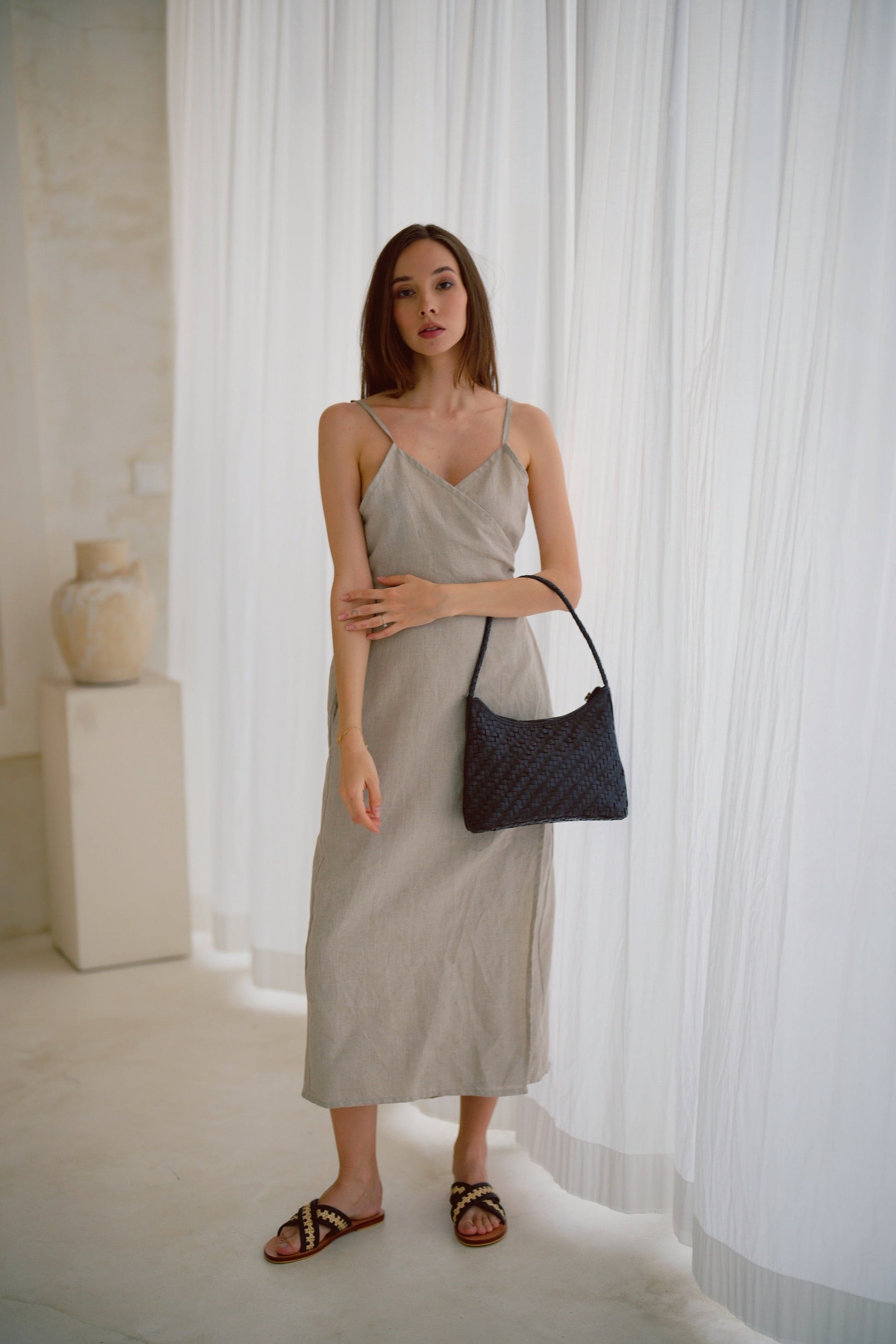 Anita Linen Wrap Front Midi Dress in Natural - elizabeth + Bern