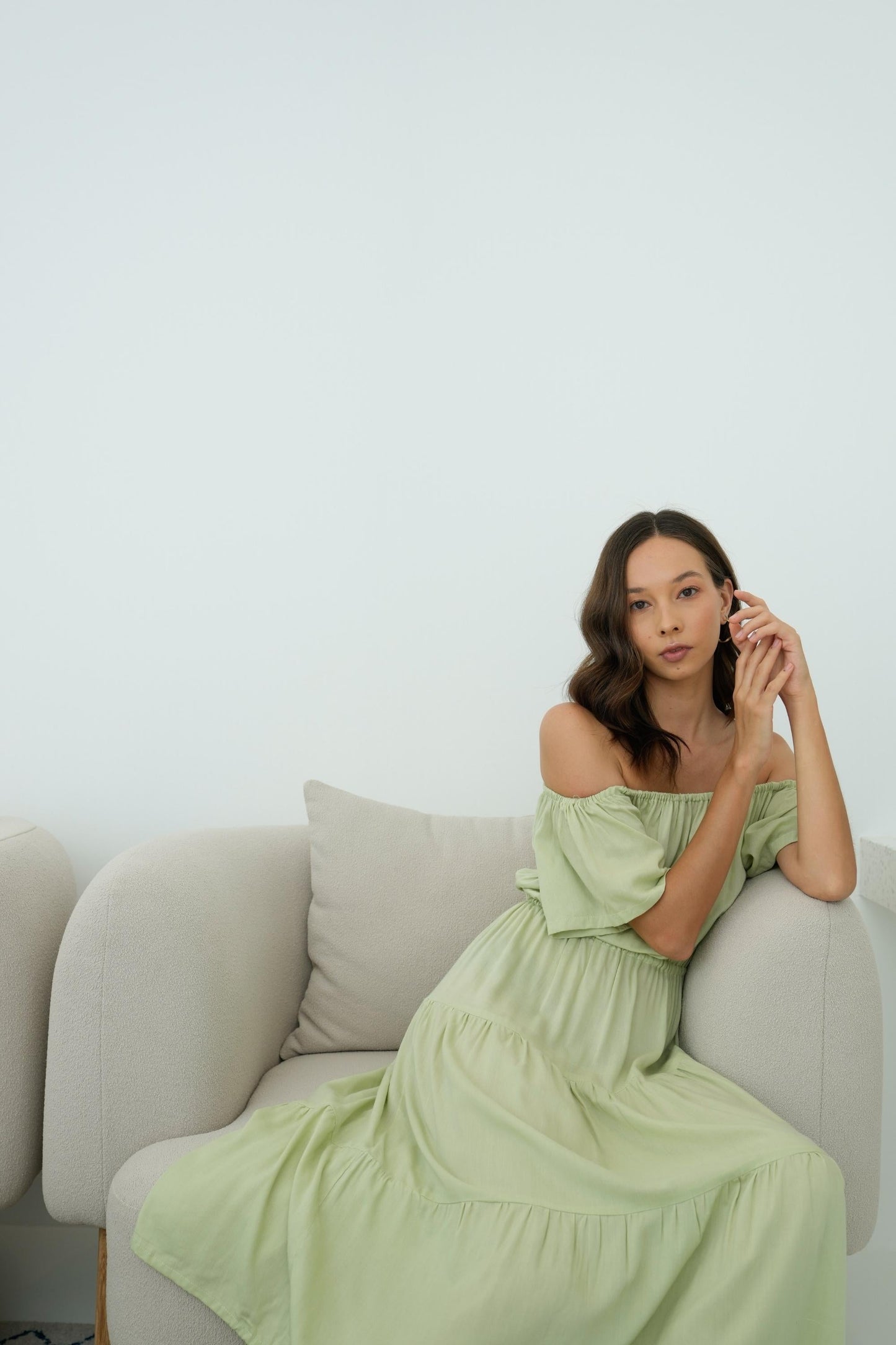 Regina Off-the-shoulder Midi Dress in Pistachio - elizabeth + Bern