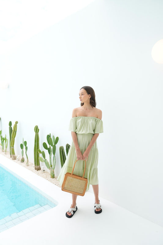 Regina Off-the-shoulder Midi Dress in Pistachio - elizabeth + Bern