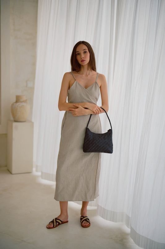 Anita Linen Wrap Front Midi Dress in Natural - elizabeth + Bern