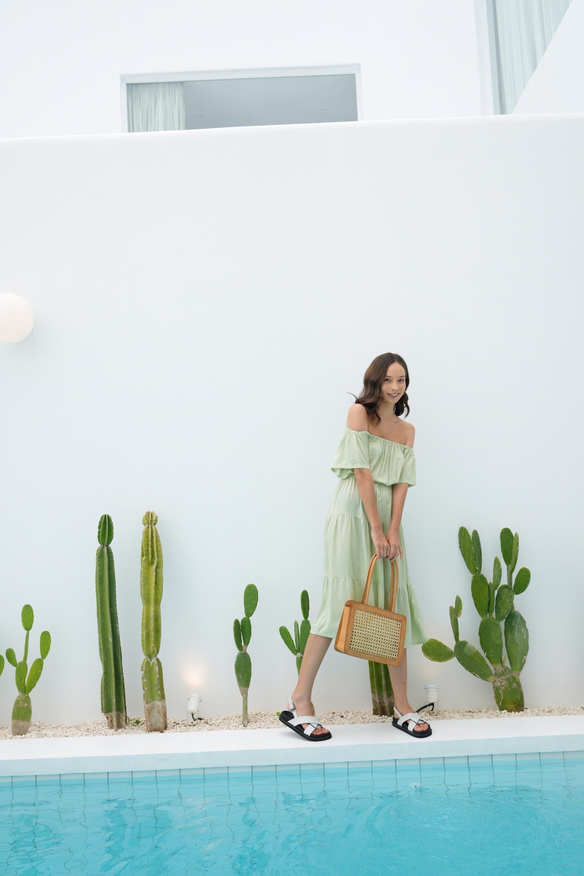 Regina Off-the-shoulder Midi Dress in Pistachio - elizabeth + Bern