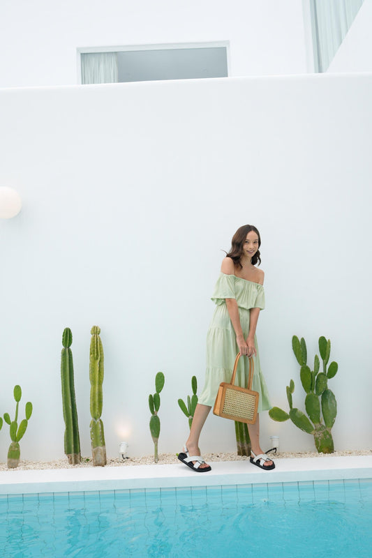 Regina Off-the-shoulder Midi Dress in Pistachio - elizabeth + Bern