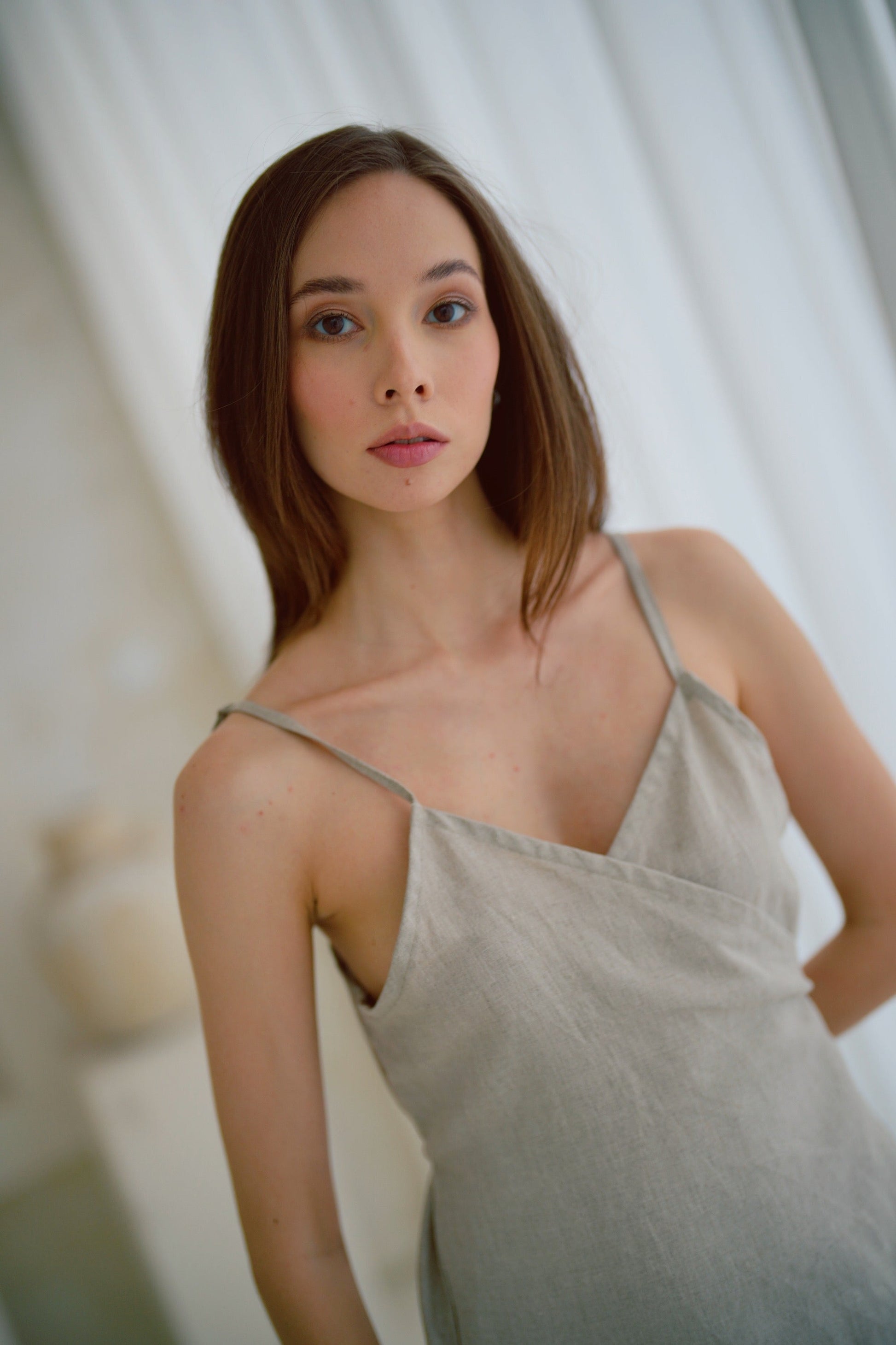 Anita Linen Wrap Front Midi Dress in Natural - elizabeth + Bern
