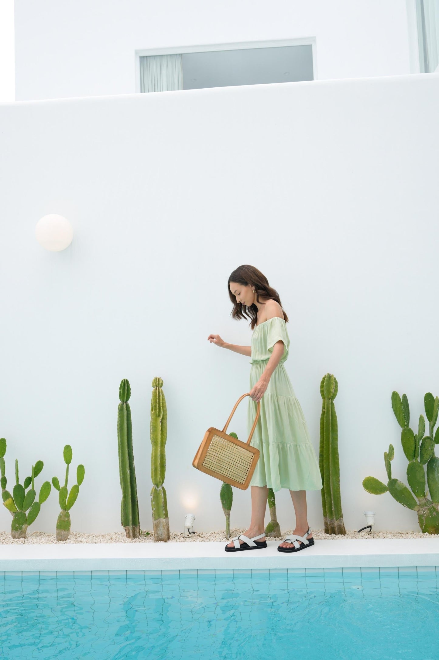 Regina Off-the-shoulder Midi Dress in Pistachio - elizabeth + Bern