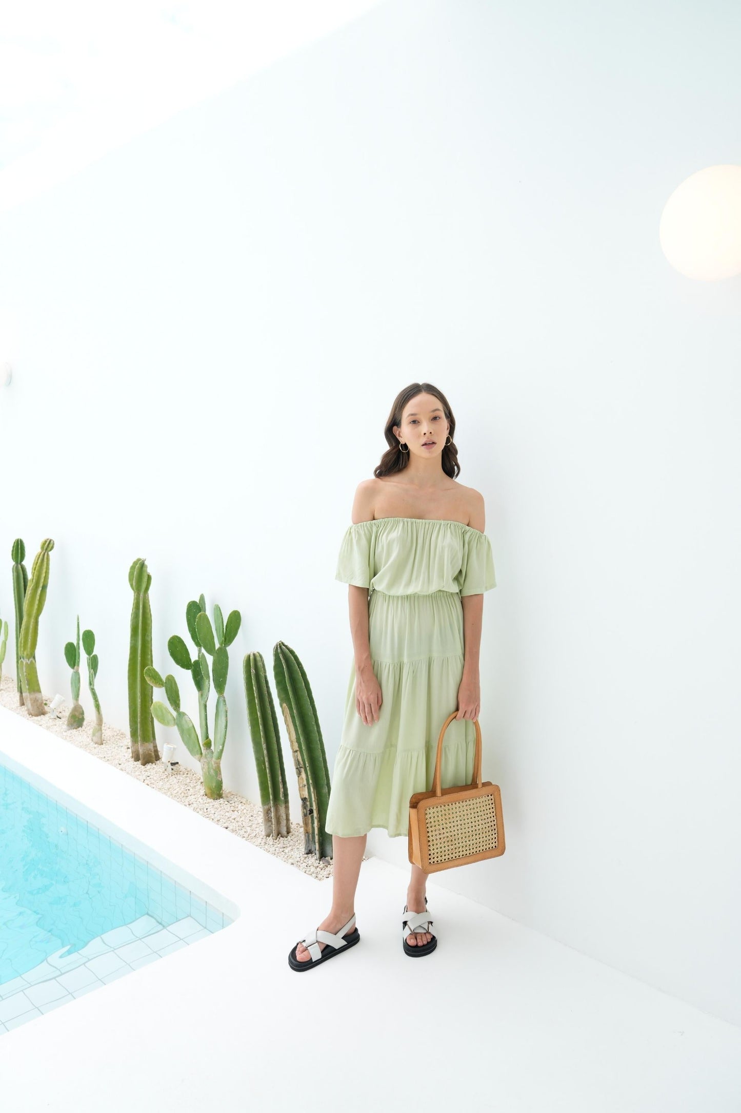 Regina Off-the-shoulder Midi Dress in Pistachio - elizabeth + Bern