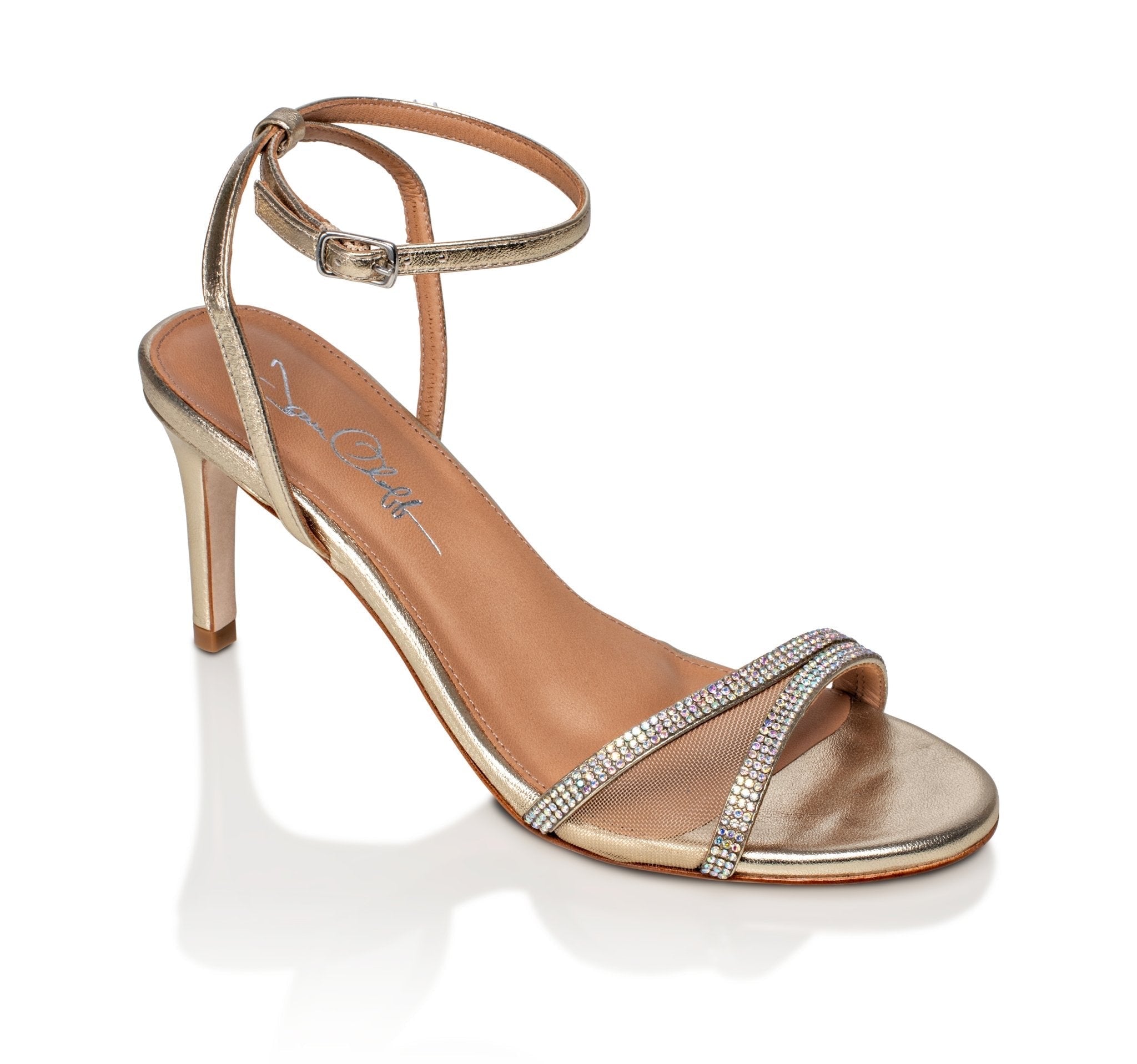 A pair of gold strappy heeled sandals with crystal embellishments from the Joan Oloff podiatrist-designed shoe collection at Elizabeth and Bern