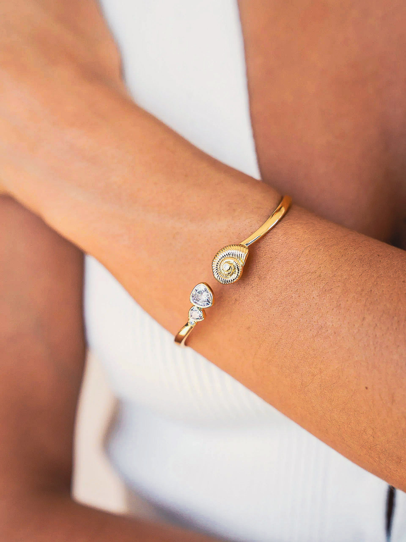 Gold open cuff bracelets with crystal details at Elizabeth and Bern - stackable jewelry and gold bracelet collection