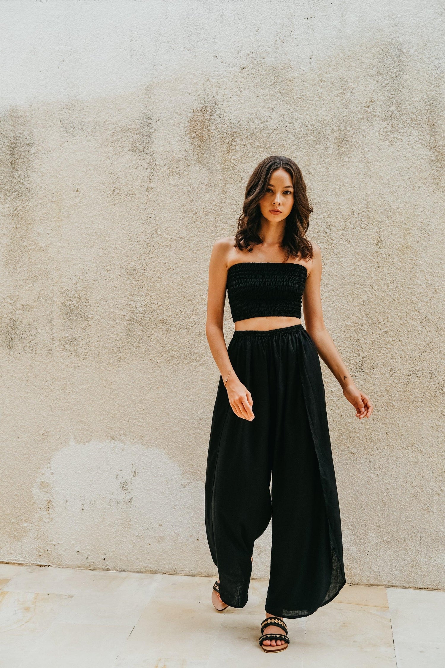 Judith Side Split Pants With Matching Tube Top Set in Black