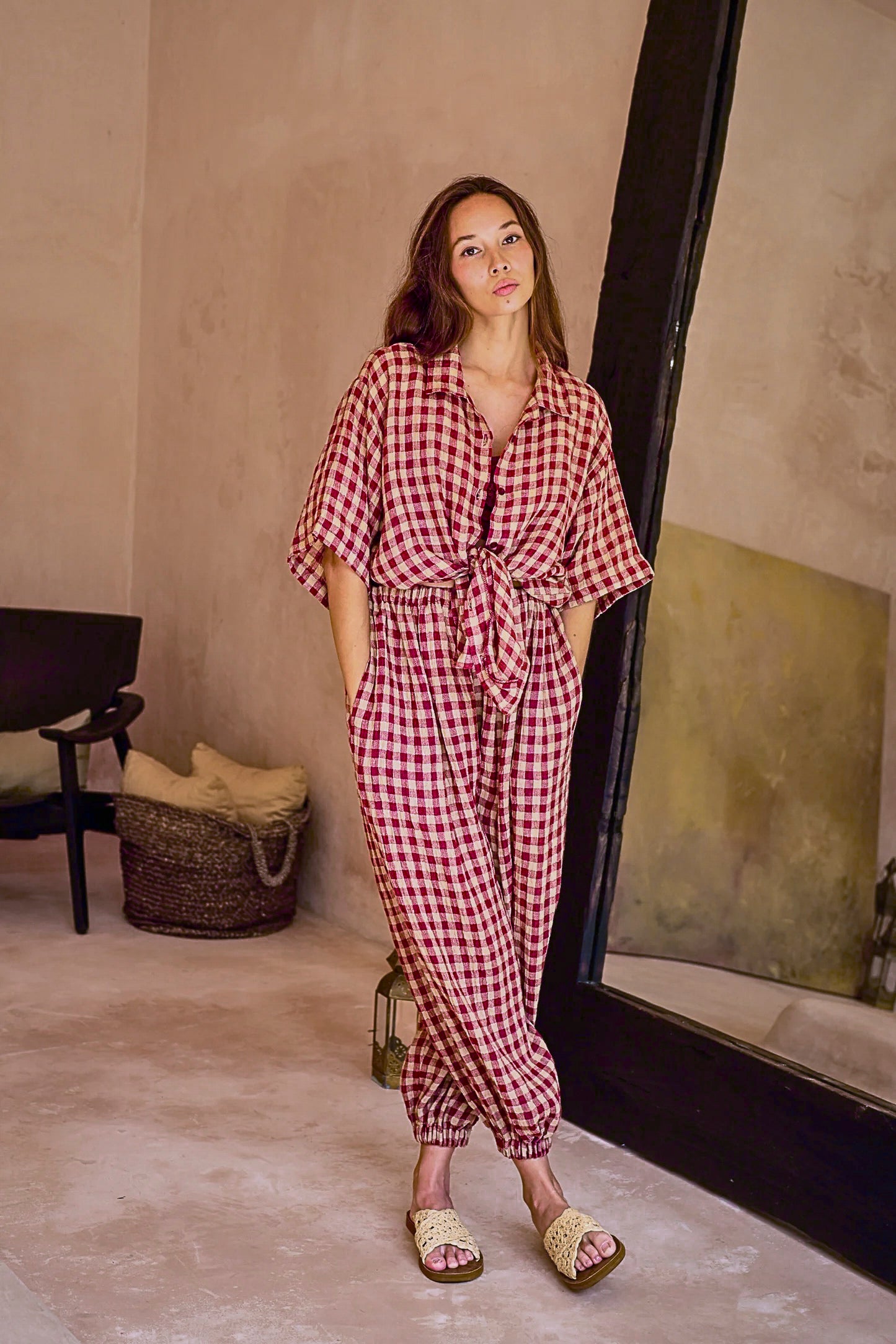 Vanessa Linen Gingham Shirt in Red