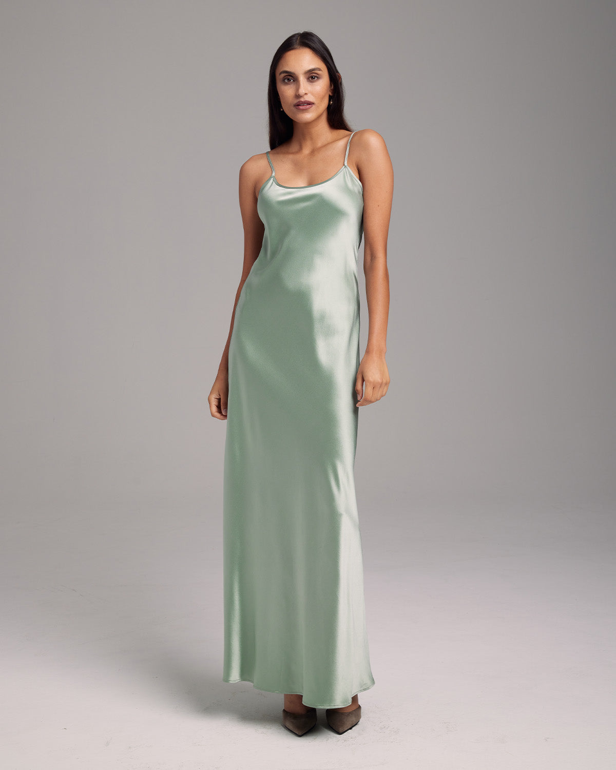 Liquid silk slipdress in bias cut charmeuse, ethically made luxury dress by VOZ in multiple colors - sage  - elizabeth + Bern