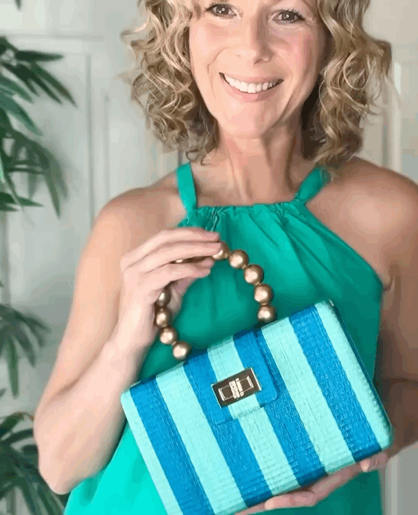 THE LOUISA Blue & Turquoise Stripe Woven Straw Clutch Bag