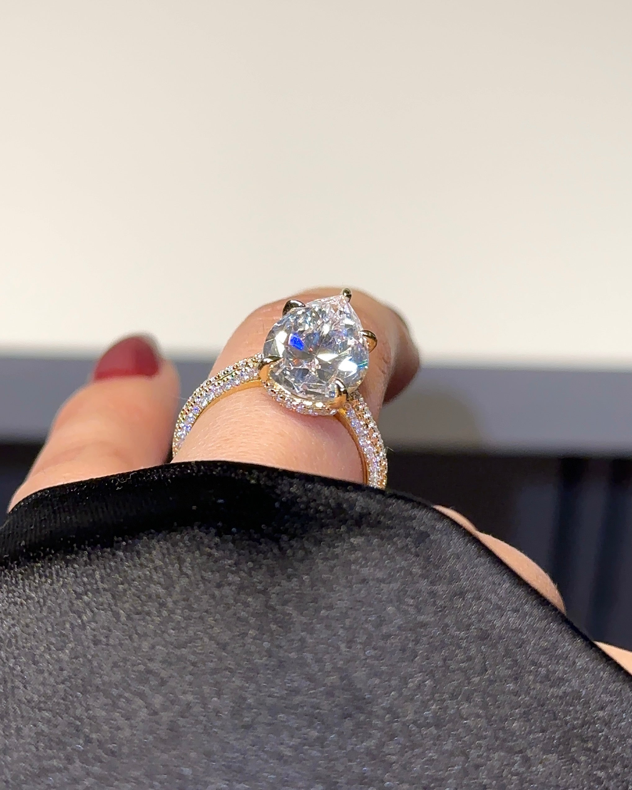 5.0ct Pear Cut Moissanite Three Row Pavè Lab Diamond Engagement Ring