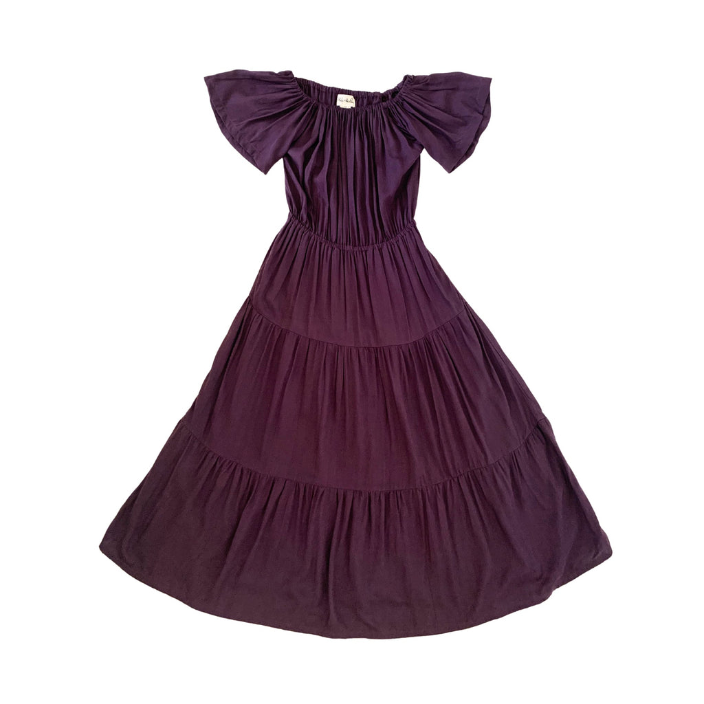 Regina Off-the-shoulder Midi Dress in Eggplant