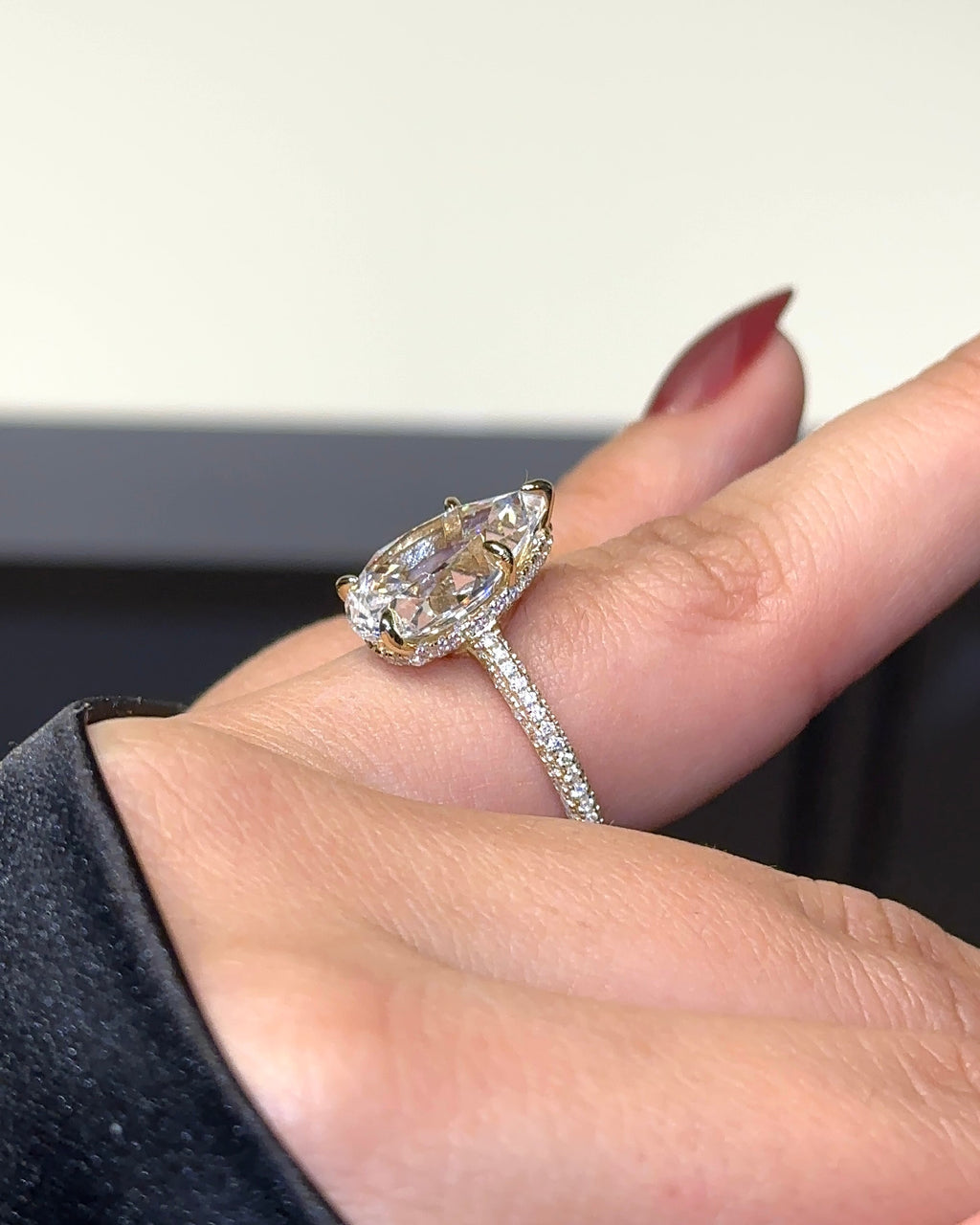 5.0ct Pear Cut Moissanite Three Row Pavè Lab Diamond Engagement Ring