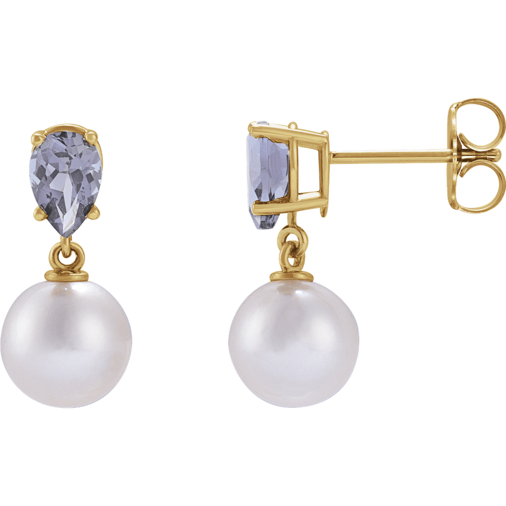 GC Tanzanite Pearl Earrings – 14K Yellow Gold Akoya Drop