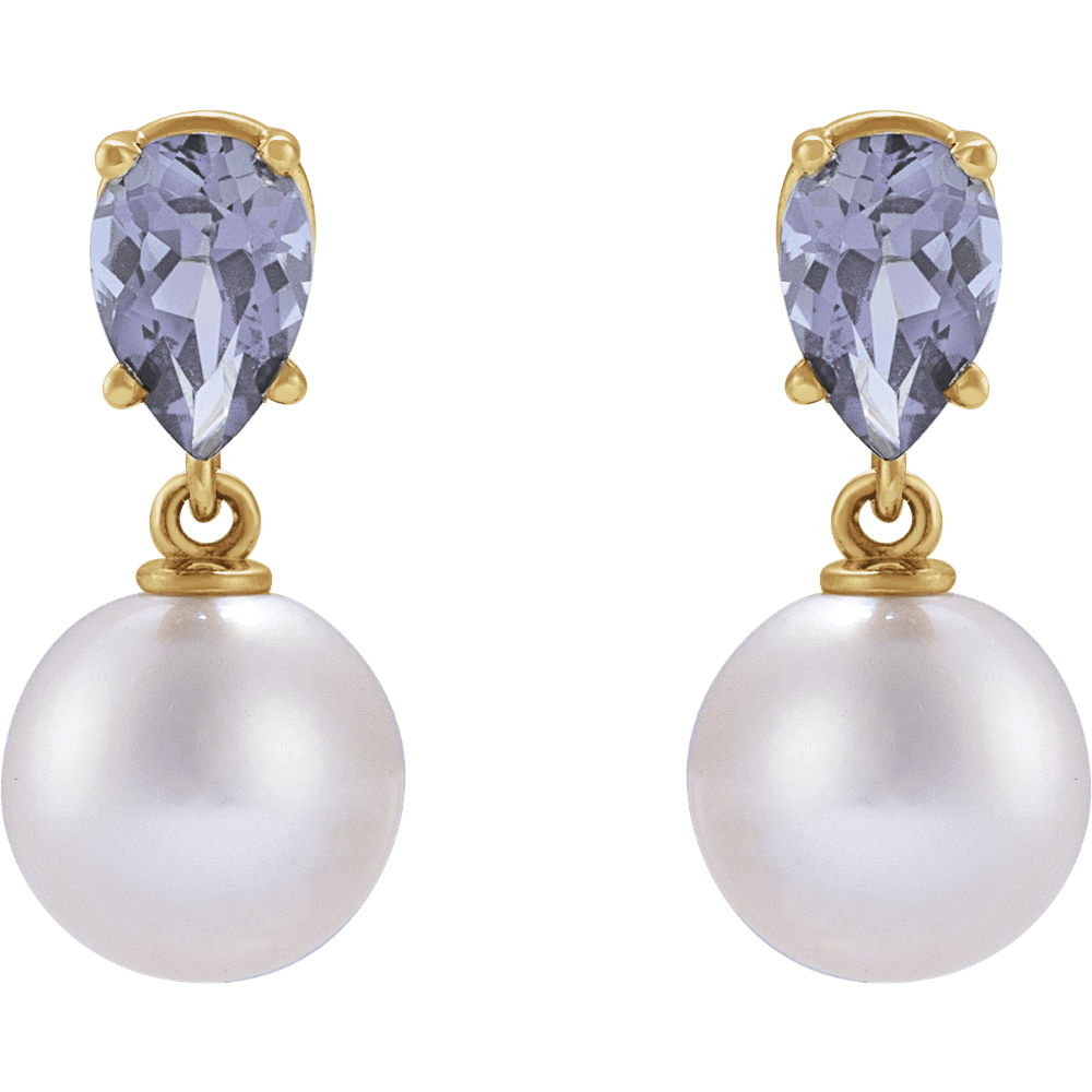 GC Tanzanite Pearl Earrings – 14K Yellow Gold Akoya Drop