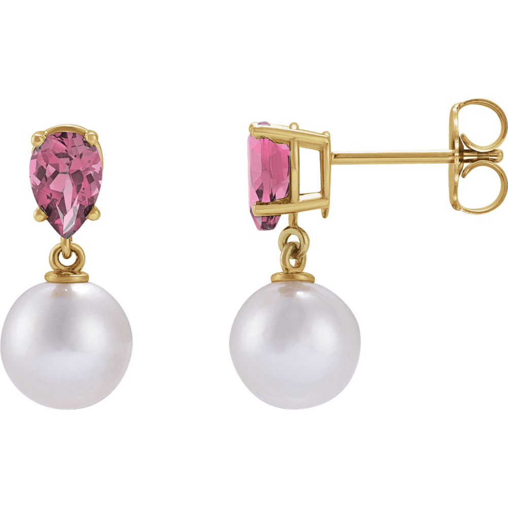 GC Pink Tourmaline Pearl Earrings – 14K Yellow Gold Akoya Drop