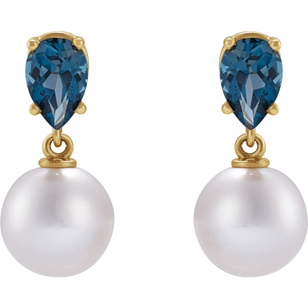 GC London Pearl & Blue Topaz Earrings – 14K Yellow Gold Akoya Pearl