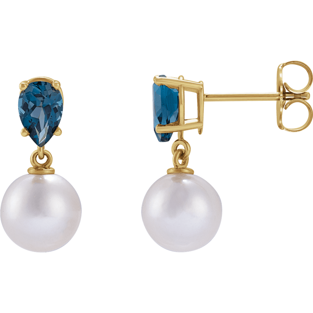 GC London Pearl & Blue Topaz Earrings – 14K Yellow Gold Akoya Pearl
