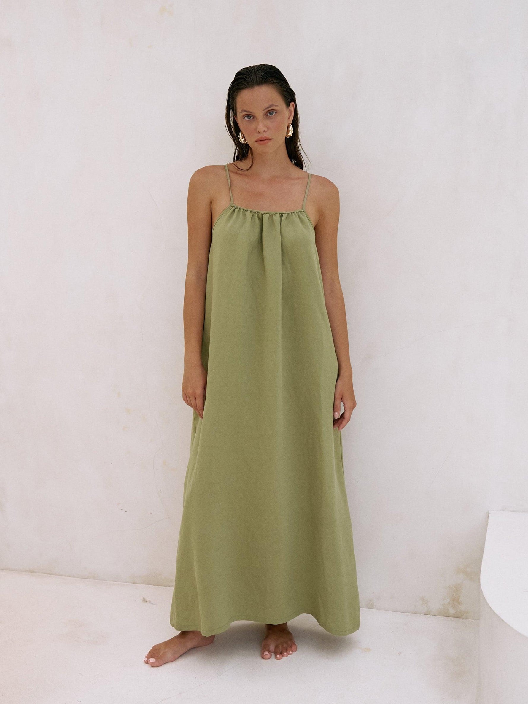 Bliss Flow Maxi Dress - Khaki Green Khaki Green / S-M Bliss Flow Maxi Dress - Khaki Green Khaki Green / S-M