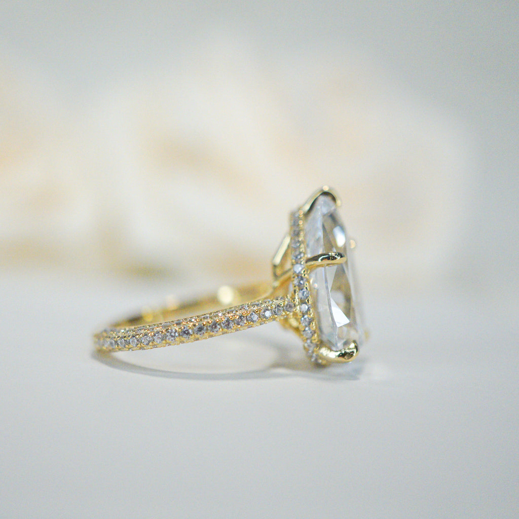 5.0ct Pear Cut Moissanite Three Row Pavè Lab Diamond Engagement Ring