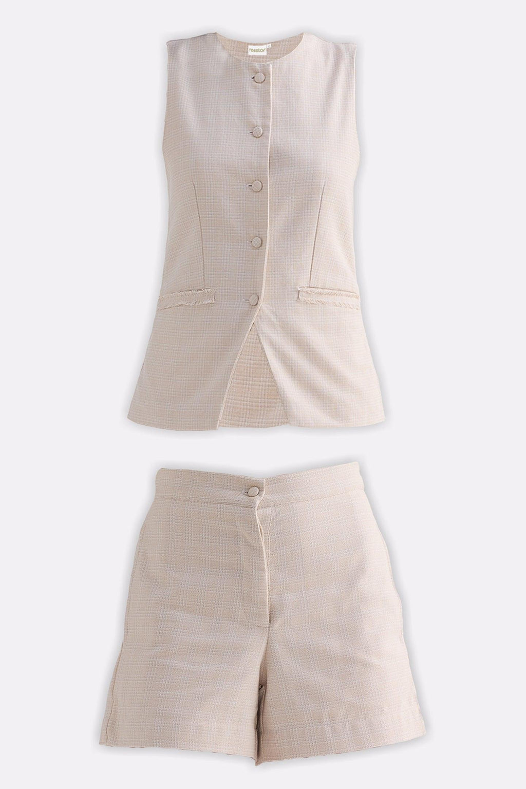 Cotton Tweed Vest Jacket Set in Cream