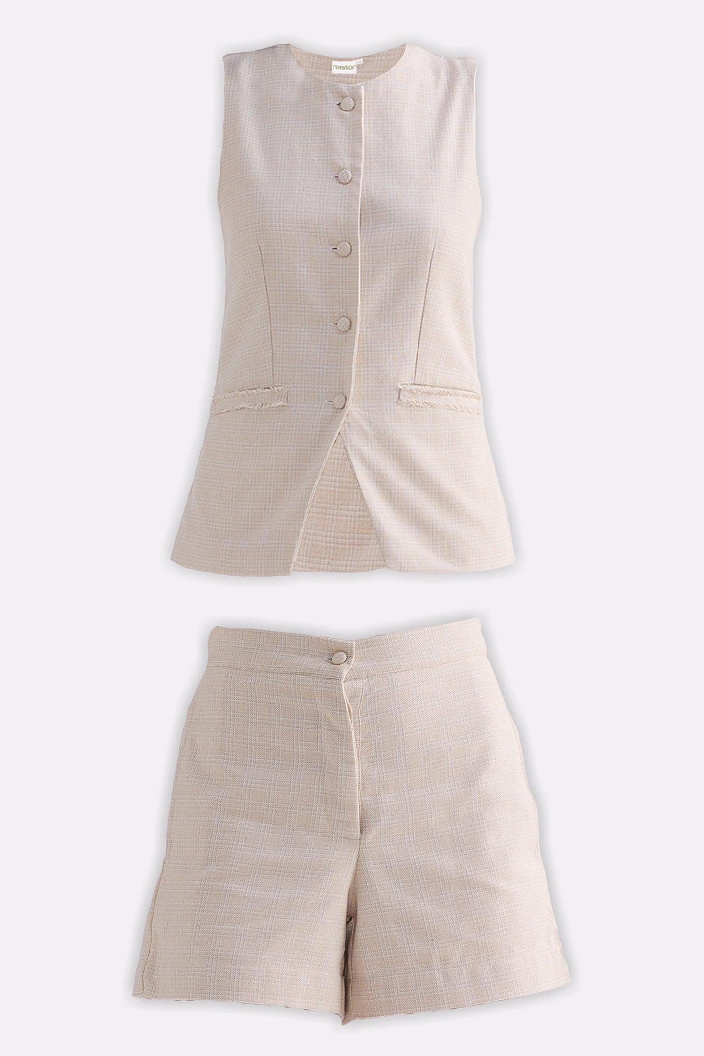Cotton Tweed Vest Jacket Set in Cream