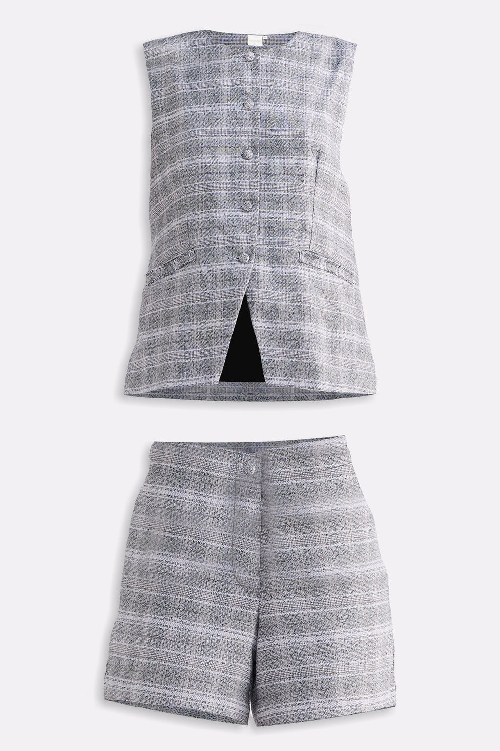 Cotton Tweed Vest Jacket Set in Grey
